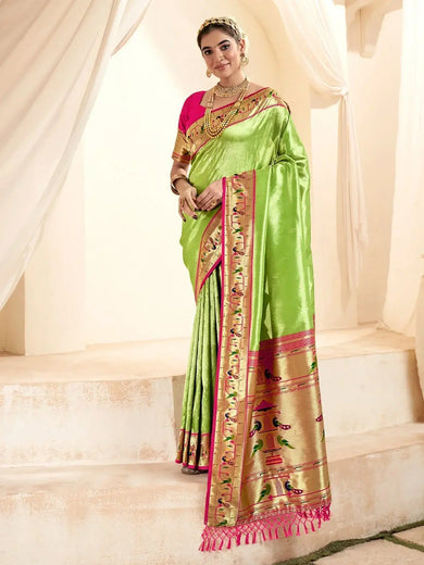 Beautiful Green Zari Weaving Silk Event Wear Paithani  Saree With Blouse